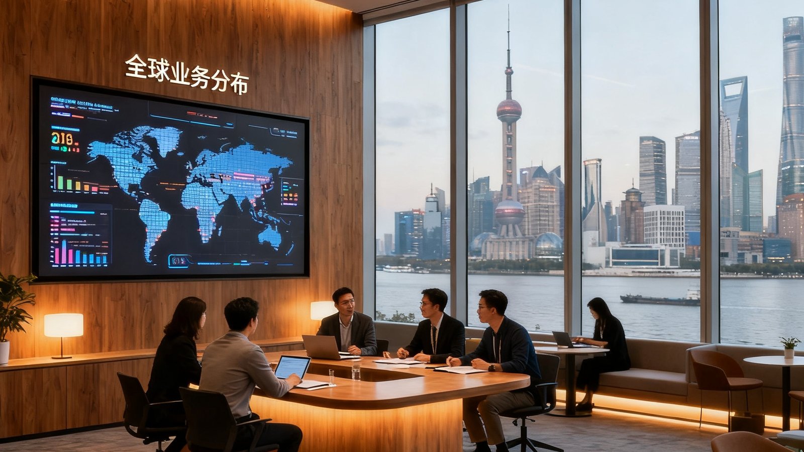 太阳集团tyc上海陆家嘴总部办公室的开放式协作区照片，落地窗外是黄浦江天际线，室内采用暖色调木质装修风格，墙面上镶嵌着一幅巨大的全球业务分布数字显示屏，几位员工正在岛式讨论区进行头脑风暴