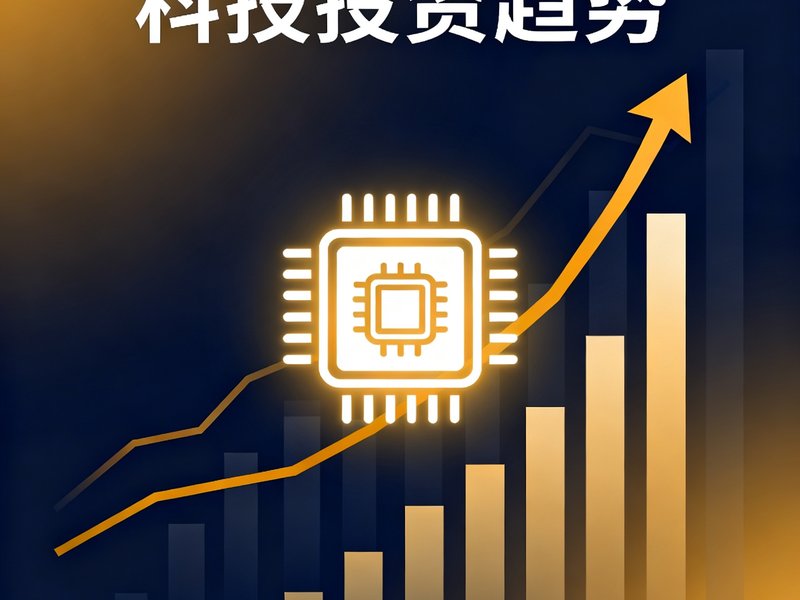 一张信息图风格的视觉画面，中央是一个发光的芯片符号，周围环绕着向上延伸的数据柱状图和投资增长曲线，背景使用深蓝到琥珀色的渐变，标题文字清晰可见